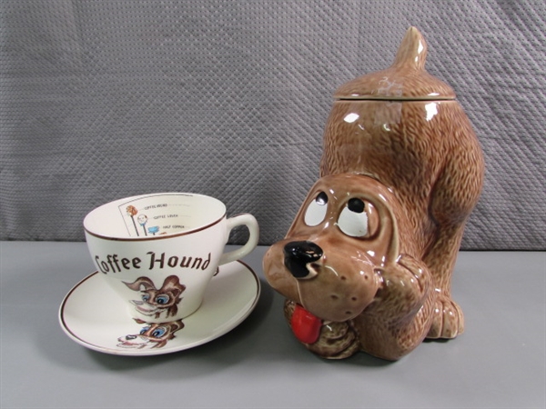 VINTAGE PUPPY COOKIE JAR & COFFEE HOUND OVERSIZED CUP & SAUCER