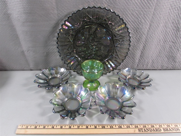VINTAGE GREEN & GRAY IRIDESCENT CARNIVAL GLASS COLLECTION