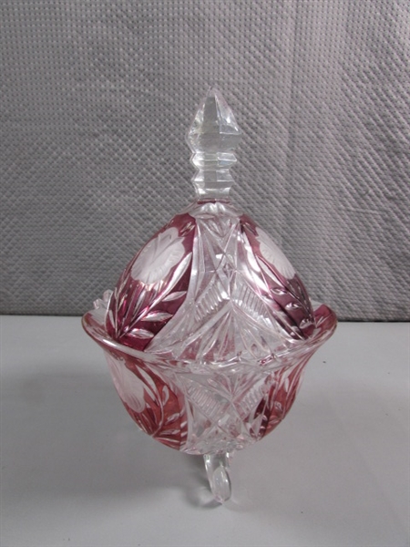 VINTAGE CLEAR/CRANBERRY SERVING BOWL & COVERED CANDY DISH