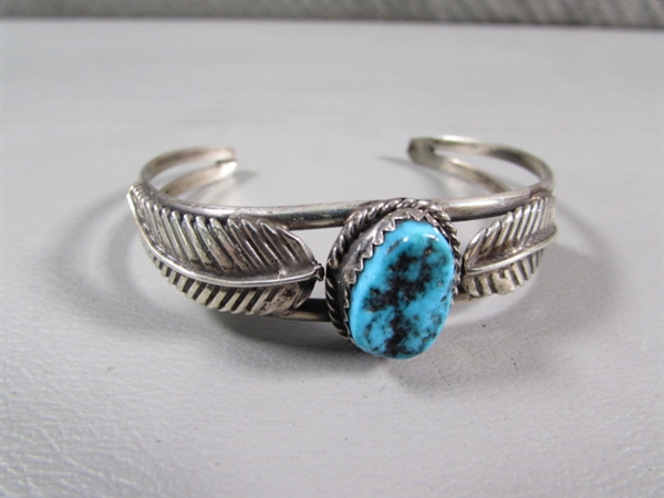 STERLING SILVER & TURQUOISE ARTIST MADE CUFF BRACELET - UNMARKED