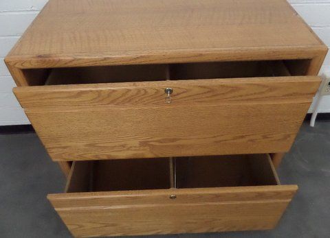 OAK TWO DRAWER LOCKING LATERAL FILE CABINET WITH KEY