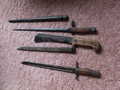 VERY OLD BAYONETS AND WWII CASE XX SURVIVAL MACHETE WITH  BLADE SHIELD