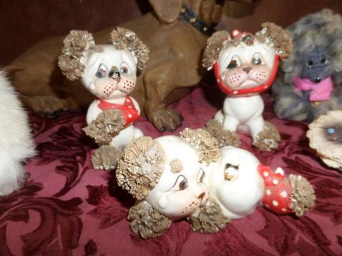 VARIETY DOG FIGURINES - VINTAGE POODLE, LARGE DASCHUND, AND ONE STRAY KITTY 