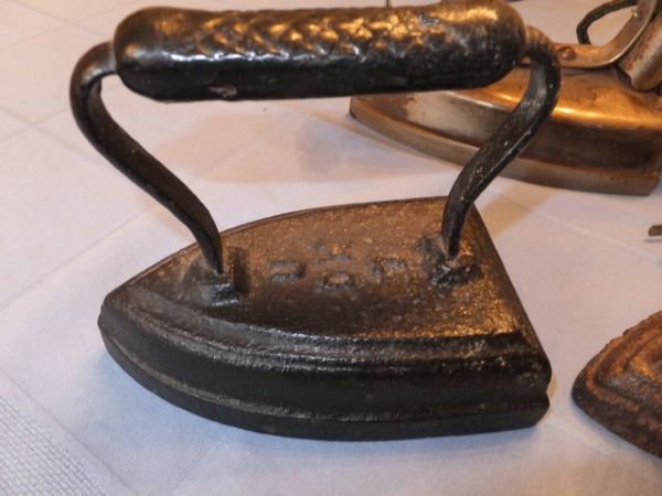 2 ANTIQUE FLAT IRONS & A VINTAGE ELECTRIC IRON