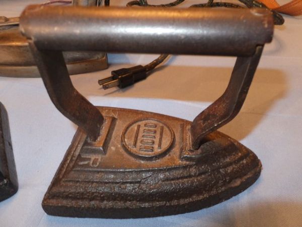 2 ANTIQUE FLAT IRONS & A VINTAGE ELECTRIC IRON