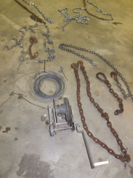 BUCKET OF CHAINS WITH HOOKS AND EYES, HAND WINCH, CABLE AND WIRE