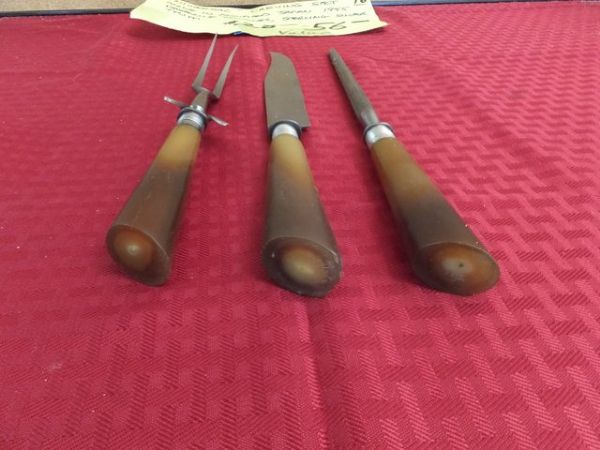 FABULOUS CARVING SET WITH BAKELITE HANDLES TRIMMED WITH STERLING SILVER