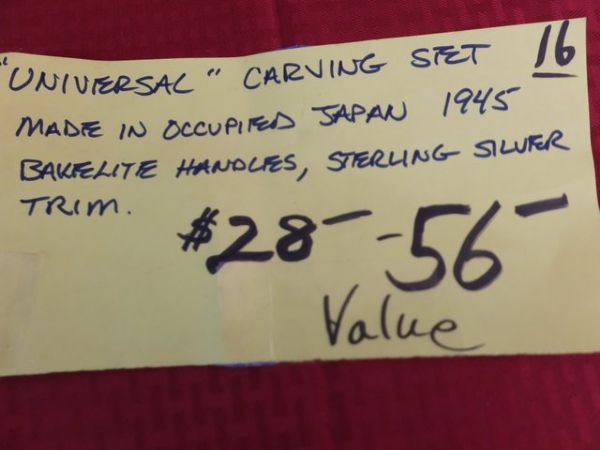 FABULOUS CARVING SET WITH BAKELITE HANDLES TRIMMED WITH STERLING SILVER