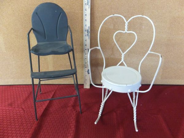 VINTAGE WROUGHT IRON DOLL ROCKING CHAIR & HIGH CHAIR