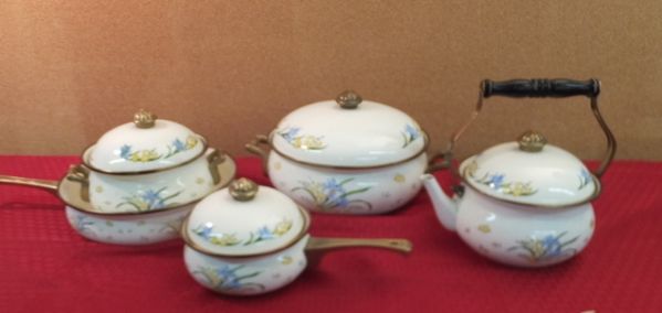 VINTAGE NINE PIECE ENAMEL COOKWARE WITH BRASS HANDLES