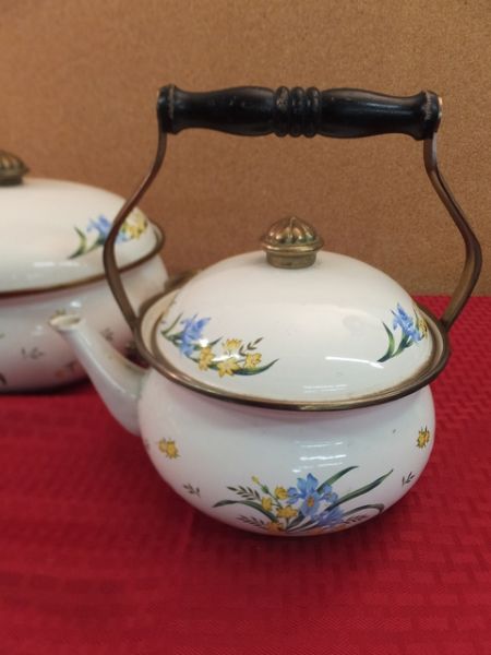 VINTAGE NINE PIECE ENAMEL COOKWARE WITH BRASS HANDLES