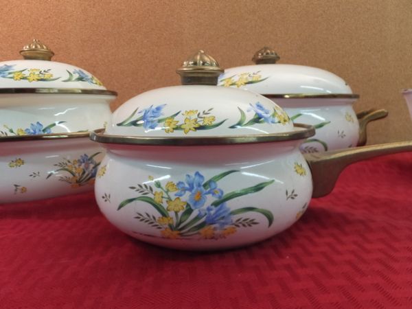 VINTAGE NINE PIECE ENAMEL COOKWARE WITH BRASS HANDLES