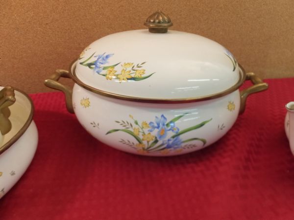 VINTAGE NINE PIECE ENAMEL COOKWARE WITH BRASS HANDLES