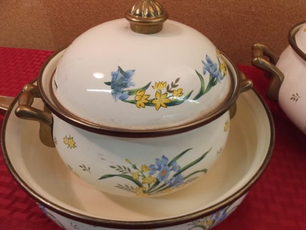 VINTAGE NINE PIECE ENAMEL COOKWARE WITH BRASS HANDLES