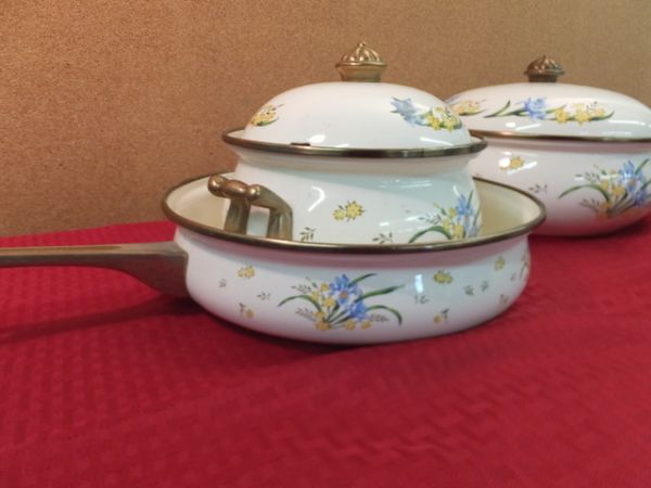 VINTAGE NINE PIECE ENAMEL COOKWARE WITH BRASS HANDLES