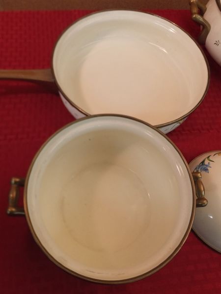 VINTAGE NINE PIECE ENAMEL COOKWARE WITH BRASS HANDLES