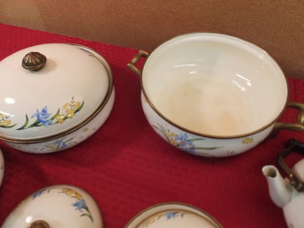 VINTAGE NINE PIECE ENAMEL COOKWARE WITH BRASS HANDLES