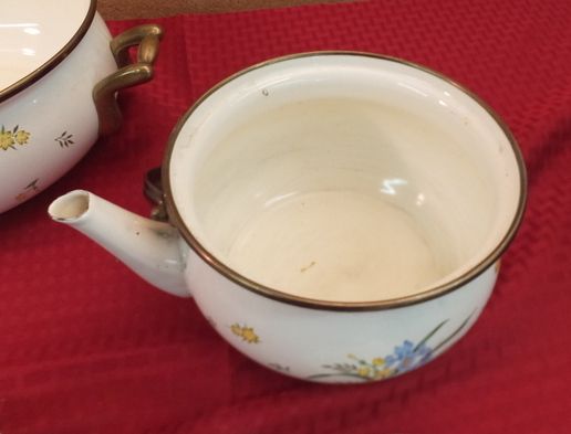 VINTAGE NINE PIECE ENAMEL COOKWARE WITH BRASS HANDLES
