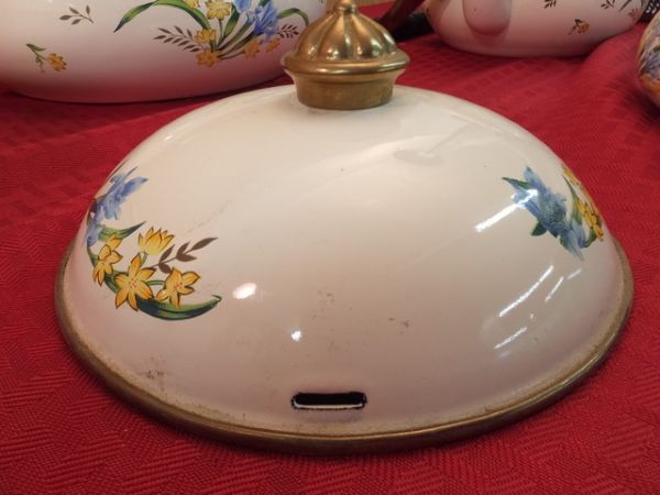 VINTAGE NINE PIECE ENAMEL COOKWARE WITH BRASS HANDLES