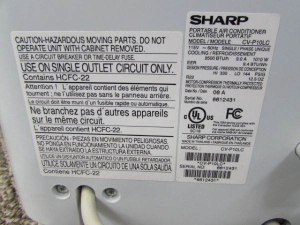 SHARP PORTABLE AIR CONDITIONER 9500 BTU/H