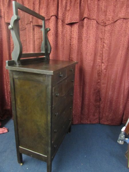 ANTIQUE DRESSER WITH ATTACHED PIVOTING MIRROR