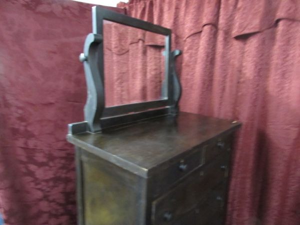 ANTIQUE DRESSER WITH ATTACHED PIVOTING MIRROR