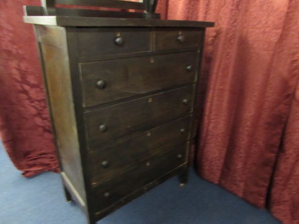 ANTIQUE DRESSER WITH ATTACHED PIVOTING MIRROR