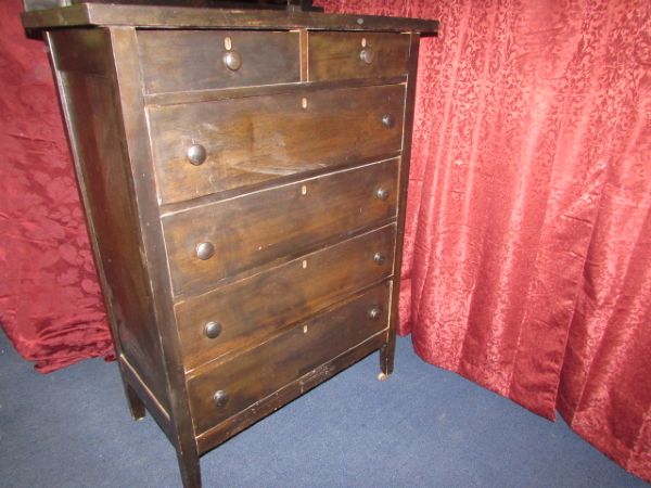 ANTIQUE DRESSER WITH ATTACHED PIVOTING MIRROR
