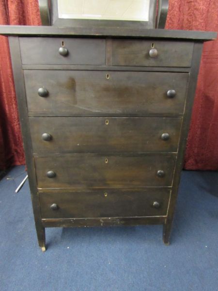 ANTIQUE DRESSER WITH ATTACHED PIVOTING MIRROR