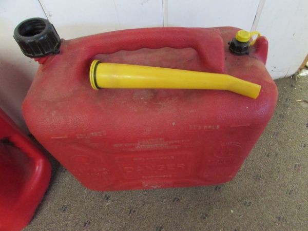 THREE PLASTIC 5 GALLON GAS CANS WITH CAPS & SPOUTS