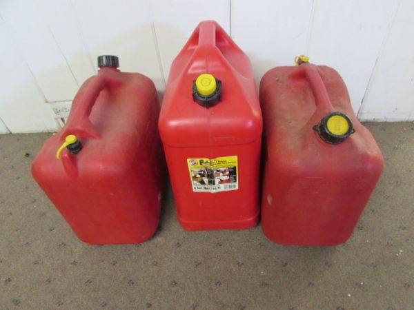 THREE PLASTIC 5 GALLON GAS CANS WITH CAPS & SPOUTS