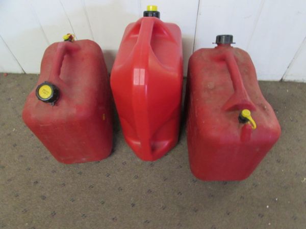 THREE PLASTIC 5 GALLON GAS CANS WITH CAPS & SPOUTS