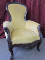 ANTIQUE CARVED WOOD, UPHOLSTERED KINGS CHAIR