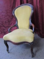 ANTIQUE CARVED WOOD, UPHOLSTERED  QUEENS CHAIR 