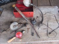 VINTAGE TOOLS & BENCH LIGHT WITH RED TOOL BOX