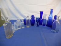 BEAUTIFUL BLUE GLASS & MEDICINE BOTTLES