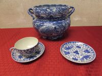 LARGE BLUE & WHITE PORCELAIN POT WITH HANDLES, TWO SAUCERS & TEACUP
