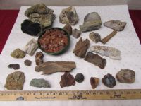 NICE COLLECTION OF ROCKS - UNUSUAL PETRIFIED WOOD, QUARTZ CRYSTALS, FOSSILS & . . . . 