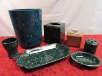 ELEGANT FAUX MARBLE BATHROOM ACCESSORIES - WASTE BASKET, KLEENEX COVER, TRAY, SOAP DISH, TOOTH BRUSH HOLDER & . . . . .