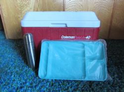 NEVER USED COLEMAN ICE CHEST, TUPPERWARE MEAL TRAYS & STAINLESS STEAL THERMOS