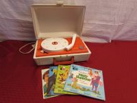COLLECTIBLE VINTAGE DISNEYLAND RECORD & BOOKS (3) & GENERAL ELECTRIC PORTABLE RECORD PLAYER