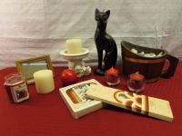 BEAUTIFUL UNUSED CANDLES INCLUDING 12.5" CAT, ANGEL PEDESTAL CANDLE HOLDER & OODLES OF SEA SHELLS