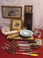 VINTAGE HOLLYDALE, OTHER U.S. MADE CHINA BOWLS,  2 COLLECTIBLE DE LEE VASES, CLOCK, KNIVES & . . . . 