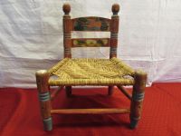 RUSTIC VINTAGE MEXICAN FOLK ART CHILDS CHAIR WITH WOVEN WICKER SEAT