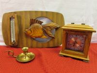 AWESOME VINTAGE WOODEN FISH EMBELLISHED WALL THERMOMETER, WOOD CASE QUARTZ CLOCK & BRASS CANDLE STICK