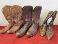 THREE PAIR OF WELL WORN VINTAGE LEATHER COWBOY BOOTS