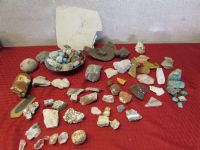 AWESOME ROCK COLLECTION WITH FISH FOSSIL, ARROWHEAD, CABACHON, MARBLES, CRYSTALS & POLISHED ROCS