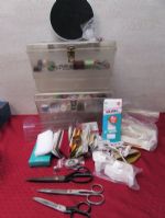 PLASTIC SEWING BOXES WITH VINTAGE SCISSORS, SEAM BINDING, VELCRO, THREADS & MORE