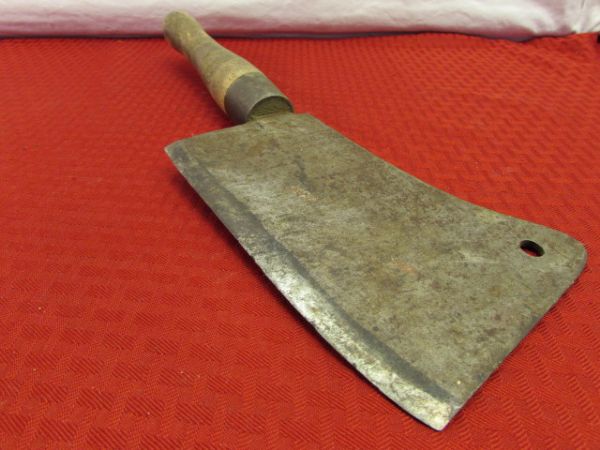 VINTAGE/ANTIQUE CLEAVER WITH CARVED WOOD HANDLE
