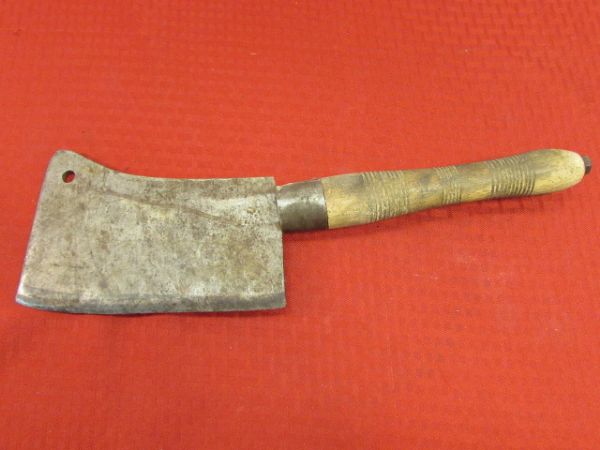 VINTAGE/ANTIQUE CLEAVER WITH CARVED WOOD HANDLE